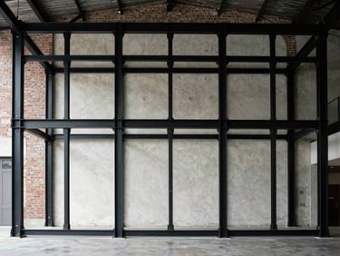 Straight-on architectural elevation of a massive black structural steel frame inside a commercial space, raw brickwork visible behind, high-contrast natural light.