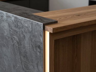 Close-up detail of a custom oak and steel reception desk, highlighting the precise material joinery, dramatic side-lighting, raw plaster texture.