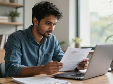 Medium close-up of a focused Indian young professional reviewing digital curriculum documents on a laptop in a bright, modern home office with natural daylight.