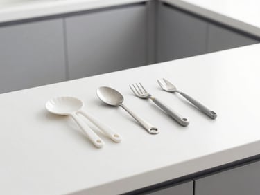 Eye-level shot of minimalist daily household tools on a clean white countertop, bright natural light, sharp focus