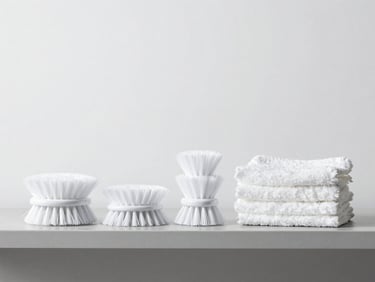 Neatly arranged cleaning brushes and microfibers on a soft gray shelf, high-key studio lighting, negative space