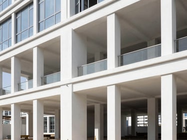 Sharp interior architectural photography of a modern commercial office framing under construction, clean lines, bright daylight, 35mm