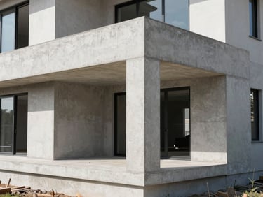 Sharp architectural photography of a modern custom home concrete foundation pour, bright natural daylight, 35mm
