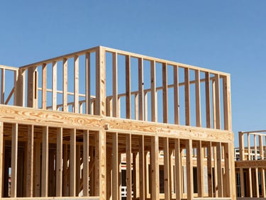 Sharp architectural photography of an active construction site in Utah, high-contrast wood framing against a crisp blue sky, bright natural daylight, 35mm