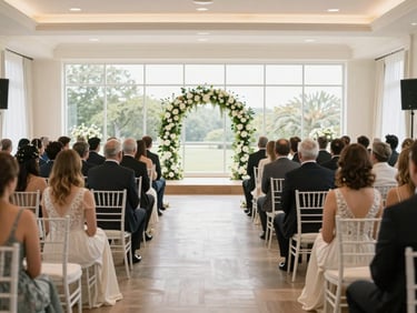 Wide shot of a wedding ceremony setup in an elegant venue — white chairs in precise rows flanking a floral arch at the far end, natural window light flooding the aisle, shot from the back of the room before guests arrive