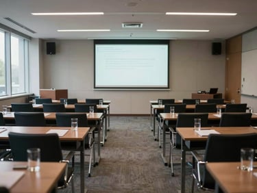 Wide environmental shot of a corporate conference room fully set — rows of chairs facing a projection screen at the far end, water glasses on each seat, daylight from floor-to-ceiling windows on the left, no people present