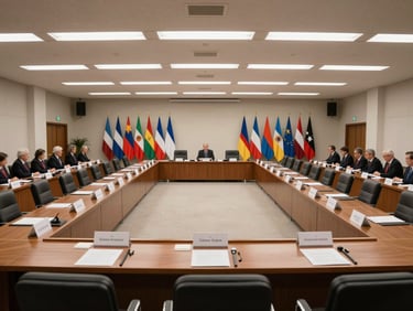 Wide shot of a formal government ceremony hall in final preparation — long rectangular tables arranged in a U-shape with name placards, national flags flanking the head table, overhead fluorescent-and-chandelier lighting, no delegates present