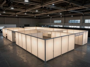 Wide environmental photograph of a technology exhibition floor fully built — modular booths with backlit panels in a large convention hall, overhead truss lighting rigs, empty aisles before opening, shot from an elevated angle showing floor plan layout