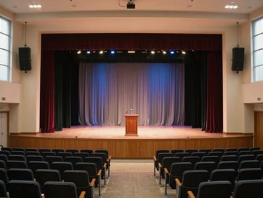 Wide shot of a school auditorium stage dressed for a graduation ceremony — podium centered, rows of empty chairs on stage, draped backdrop behind, overhead stage lighting, no people, daylight from high windows at the sides