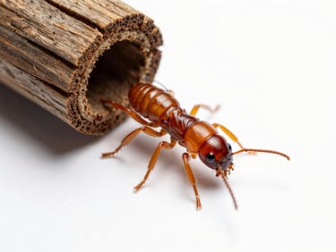 Macro photography of drywood termite damage on historic timber, clean clinical white lighting, scientific focus