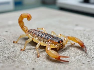 Macro educational shot of a yellow scorpion on a dry concrete surface, clinical bright daylight, safe laboratory perspective