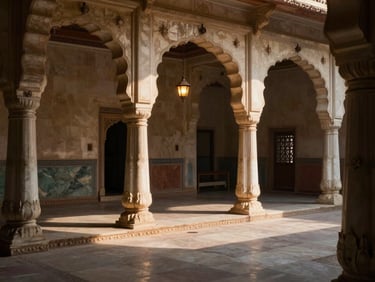 Interior courtyard of a heritage haveli hotel in Udaipur, afternoon sidelight casting long shadows across carved marble pillars, a single lamp lit in the archway, quiet and still
