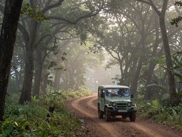 Early morning mist over Bandhavgarh's teak forest, a lone jeep track curving into the tree line, soft diffused light, no people visible