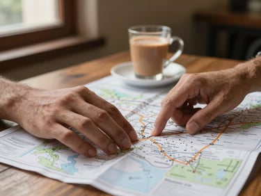 Traveler's hands spread across a paper route map on a wooden table, warm window light from the left, chai cup out of focus in the background, intimate and practical
