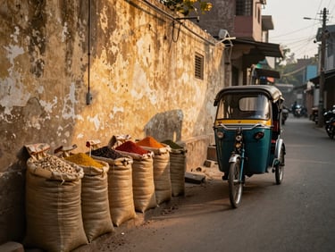 Narrow lane in Old Delhi at golden hour, a cycle-rickshaw passing a row of spice sacks, warm sidelight raking across aged plaster walls, lane receding into shadow in the background