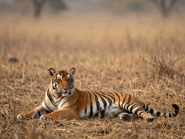 A Bengal tiger resting at the edge of dry grassland in Ranthambore, photographed from a distance with long lens, warm overcast morning light, habitat visible in full, no staging