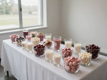 Overhead environmental shot of a complete candy table setup in a bright empty event room, photographed from a high angle showing the full table expanse. Glass vessels of graded heights, coordinated color palette in dusty rose and ivory, custom-printed labels, small floral accents, no people. Overcast natural daylight flooding from a wide window to the left, clean white walls.