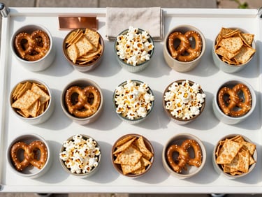 Overhead flat-lay of a styled snack cart surface shot from directly above under bright natural midday daylight; small ceramic and glass vessels hold pretzels, popcorn and crackers arranged in a tight coordinated grid; a copper-toned label holder and a folded linen napkin anchor the composition; no people, no hands, no motion blur; clean white cart surface visible at the edges