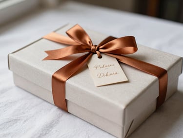 Close-up of a finished personalized keepsake item resting on a white linen surface: a custom-printed box tied with grosgrain ribbon in accent copper, a small tag with a name visible, bright natural daylight from the left, shallow focus
