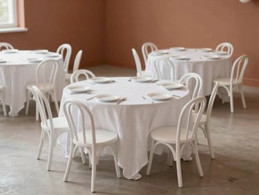Wide environmental shot of a styled children's party furniture grouping: white bentwood chairs tucked under a round table with coordinated linen, soft natural daylight from the side, room empty and fully set, terracotta and white palette