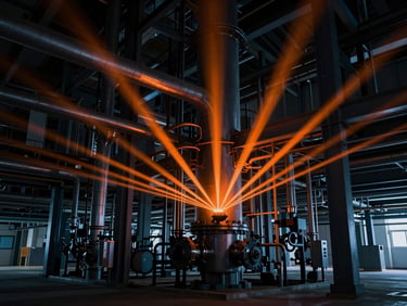 Interior of a high-tech industrial plant installation, complex pipes and structural steel, moody ambient lighting with sharp orange laser projections, 35mm