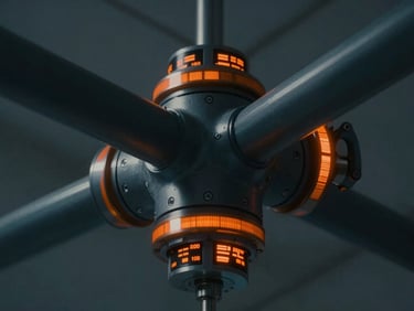 Detailed macro shot of a modern hospital structural node, precision engineering details, dark moody atmosphere with subtle orange telemetry data, 35mm