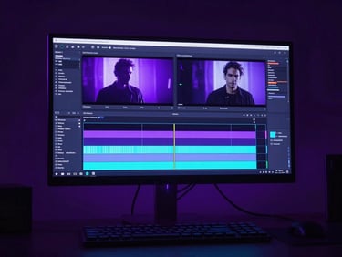 A professional color grading suite monitor displaying a cinematic scene with intense purple and cyan tones, dark editing room, backlighting.