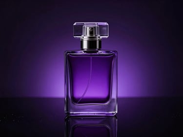 High-end luxury perfume bottle on a reflective black surface, dramatic purple backlight, smoke particles, cinematic chiaroscuro lighting.