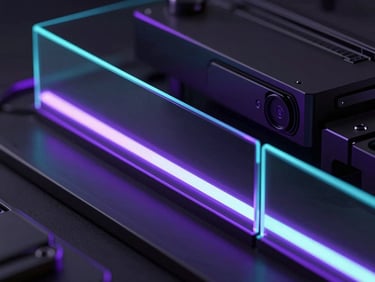 Extreme close-up of reflective glass panels with cyan and purple neon glows, dark sleek tech hardware