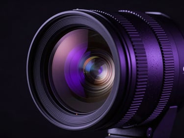 Macro close-up of an anamorphic cinema lens showing purple flare reflections, high-contrast studio lighting, dark obsidian background.