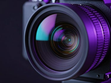 Extreme close-up of a futuristic cinema camera lens, neon purple and cyan reflections on the glass, dark obsidian background, cinematic studio lighting, hyper-realistic 3D render.