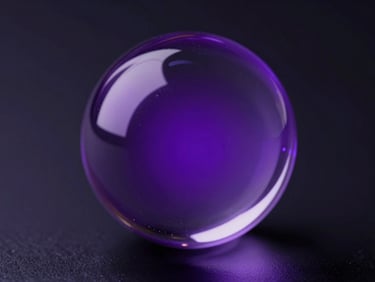 Macro close-up of a hyper-realistic 3D glass sphere reflecting neon purple light, dark obsidian background, cinematic high-contrast lighting