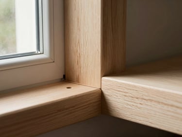 Close-up of solid white oak mortise-and-tenon wood joinery, soft side-lighting from a window, deep shadows, warm editorial photography