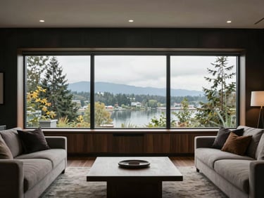 Straight-on elevation of a refined open-concept living room, floor-to-ceiling windows overlooking Vancouver foliage, custom dark millwork, soft overcast daylight