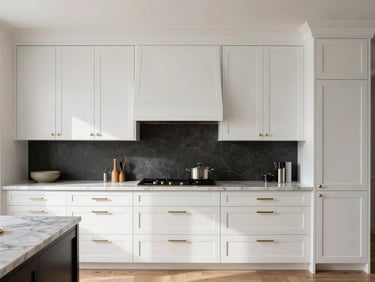 Straight-on architectural elevation of a high-end modern kitchen, custom white oak cabinetry with integrated brass hardware, marble countertops, soft morning light
