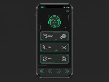 Minimalist dark-mode UI mockup of a support screen on a smartphone, clean lines, subtle emerald green accents, ample negative space, orthographic view, vector illustration.