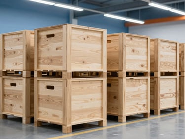 Inside a modern organized warehouse with secure wooden crates stacked neatly, bright overhead lighting