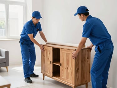 Medium shot of active professional movers in blue uniforms carefully wrapping a wooden cabinet with protective materials in a bright apartment