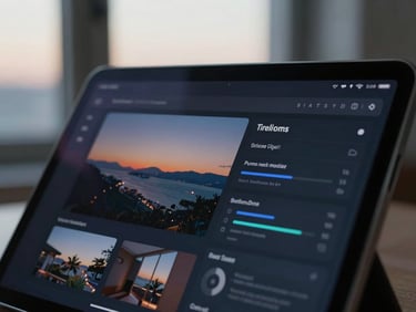 Sleek editorial close-up of a digital campaign dashboard on a tablet, soft window light reflecting off the screen, shallow depth of field, twilight tones.