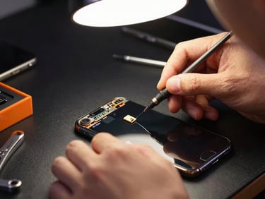 Close-up of a technician's hands repairing an iPhone screen on an organized technical workbench, precision tools under bright warm light
