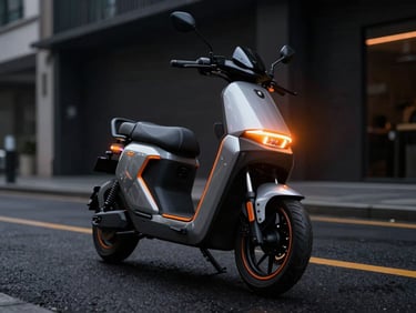 A modern electric motorcycle parked on a clean wet urban street at dusk, glowing orange LED headlights, sharp focus, atmospheric lighting