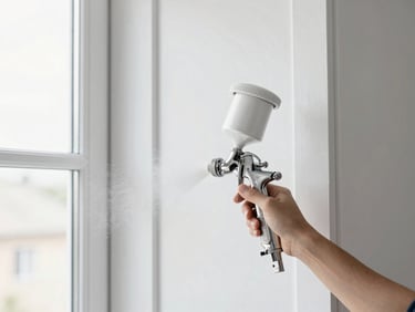Bright architectural photography of a spray gun applying smooth white paint to a cabinet door, clean natural window light, crisp high-contrast tones, sharp focus, 35mm