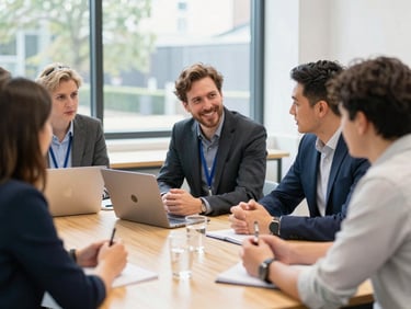 Bright editorial photo of professional mentors collaborating around a wooden table in a sunlit London workspace, shallow depth of field, 35mm