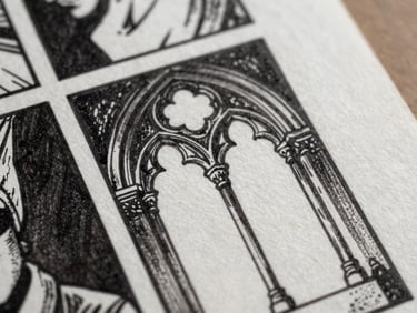 Close-up of hand-drawn comic panel with gothic arches, heavy black ink wash, textured paper.