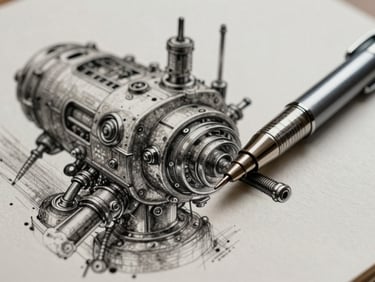 Fine-line technical pen drawing of retro-futuristic machinery, ink-wash background.