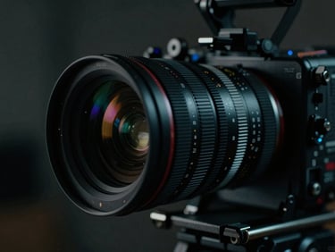 Extreme close-up of an anamorphic camera lens on a professional camera rig, low-key neon lighting, high-contrast dark tones, 35mm grain, behind-the-scenes production.