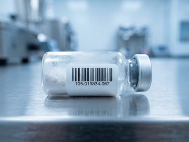 Macro close-up of a sealed glass peptide vial with a clean barcode label, resting on a sterile stainless steel surface under cool blue-toned clinical lighting, 50mm focus