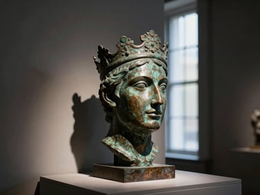 A bronze sculpted head with detailed crown, soft directional window lighting casting deep shadows, museum pedestal, high-contrast archival framing