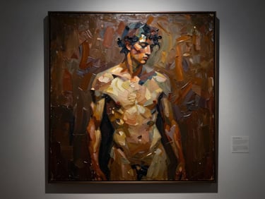Dramatic spotlighting on a textured oil painting of an abstract figure, deep impasto brushstrokes, rich warm tones, editorial gallery photography, medium format lens