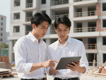 An architect in a clean white shirt discussing plans on a tablet at a modern residential building site